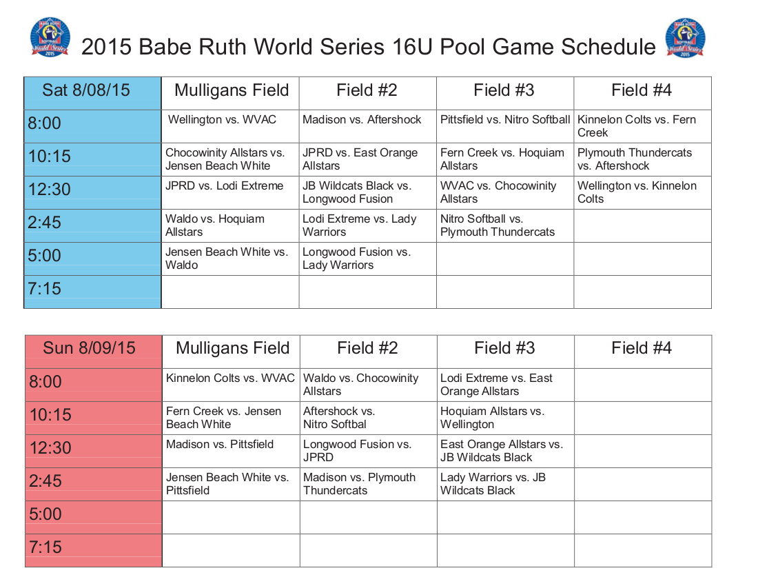 2015 World Series 16U Pool Game Schedule